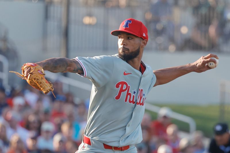 Mar 15, 2024; West Palm Beach, Florida, USA; Philadelphia Phillies starting pitcher Cristopher Sanchez (61) throws a pitch during the first inning against the Houston Astros at The Ballpark of the Palm Beaches. Mandatory Credit: Reinhold Matay-USA TODAY Sports