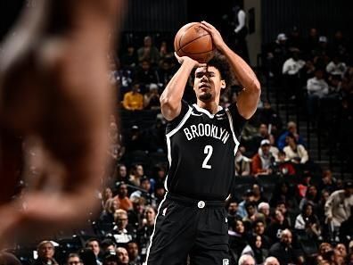 BROOKLYN, NY - NOVEMBER 26: Cameron Johnson #2 of the Brooklyn Nets shoots a three point basket against the Chicago Bulls on November 26, 2023 at Barclays Center in Brooklyn, New York. NOTE TO USER: User expressly acknowledges and agrees that, by downloading and or using this Photograph, user is consenting to the terms and conditions of the Getty Images License Agreement. Mandatory Copyright Notice: Copyright 2023 NBAE (Photo by David Dow/NBAE via Getty Images)