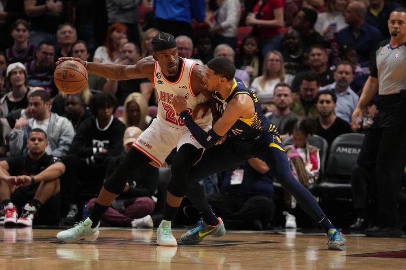 MIAMI, FL - FEBRUARY 8: Tyrese Haliburton #0 of the Indiana Pacers plays defense during the game against the Miami Heat on February 8, 2023 at Miami-Dade Arena in Miami, Florida. NOTE TO USER: User expressly acknowledges and agrees that, by downloading and or using this Photograph, user is consenting to the terms and conditions of the Getty Images License Agreement. Mandatory Copyright Notice: Copyright 2023 NBAE (Photo by Eric Espada/NBAE via Getty Images)