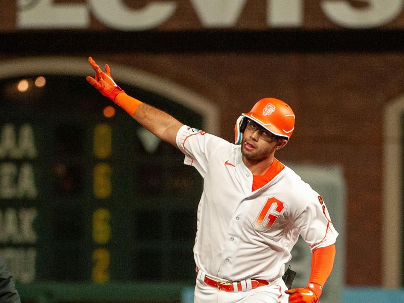 Sep 12, 2023; San Francisco, California, USA; San Francisco Giants catcher Blake Sabol (2) motions to the crowd after hitting a home run during the fifth inning at Oracle Park. Mandatory Credit: Ed Szczepanski-USA TODAY Sports