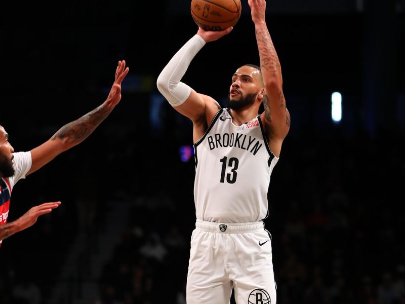 BROOKLYN, NY - OCTOBER 14: Tyrese Martin #13 of the Brooklyn Nets shoots the ball during the game against the Washington Wizards during a NBA preseason game on October 14, 2024 at Barclays Center in Brooklyn, New York. NOTE TO USER: User expressly acknowledges and agrees that, by downloading and or using this Photograph, user is consenting to the terms and conditions of the Getty Images License Agreement. Mandatory Copyright Notice: Copyright 2024 NBAE (Photo by David L. Nemec/NBAE via Getty Images)