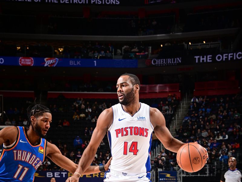 DETROIT, MI - JANUARY 28: Alec Burks #14 of the Detroit Pistons handles the ball during the game against the Oklahoma City Thunder on January 28, 2024 at Little Caesars Arena in Detroit, Michigan. NOTE TO USER: User expressly acknowledges and agrees that, by downloading and/or using this photograph, User is consenting to the terms and conditions of the Getty Images License Agreement. Mandatory Copyright Notice: Copyright 2024 NBAE (Photo by Chris Schwegler/NBAE via Getty Images)