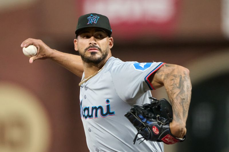 Aug 31, 2024; San Francisco, California, USA; Miami Marlins pitcher Jesus Tinoco (38) throws a pitch against the San Francisco Giants during the eighth inning at Oracle Park. Mandatory Credit: Robert Edwards-USA TODAY Sports