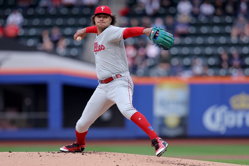 Sep 30, 2023; New York City, New York, USA; Philadelphia Phillies starting pitcher Taijuan Walker (99) pitches against the New York Mets during the first inning at Citi Field. Mandatory Credit: Brad Penner-USA TODAY Sports