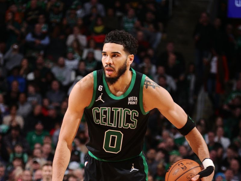 BOSTON, MA - FEBRUARY 3: Jayson Tatum #0 of the Boston Celtics dribbles the ball during the game against the Phoenix Suns on February 3, 2023 at TD Garden in Boston, Massachusetts.  NOTE TO USER: User expressly acknowledges and agrees that, by downloading and or using this photograph, User is consenting to the terms and conditions of the Getty Images License Agreement. Mandatory Copyright Notice: Copyright 2022 NBAE  (Photo by Nathaniel S. Butler/NBAE via Getty Images)