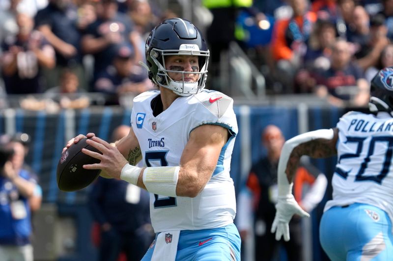 Tennessee Titans quarterback Will Levis looks to pass during the first half of an NFL football game against the Chicago Bears on Sunday, Sept. 8, 2024, in Chicago. (AP Photo/Nam Y. Huh)