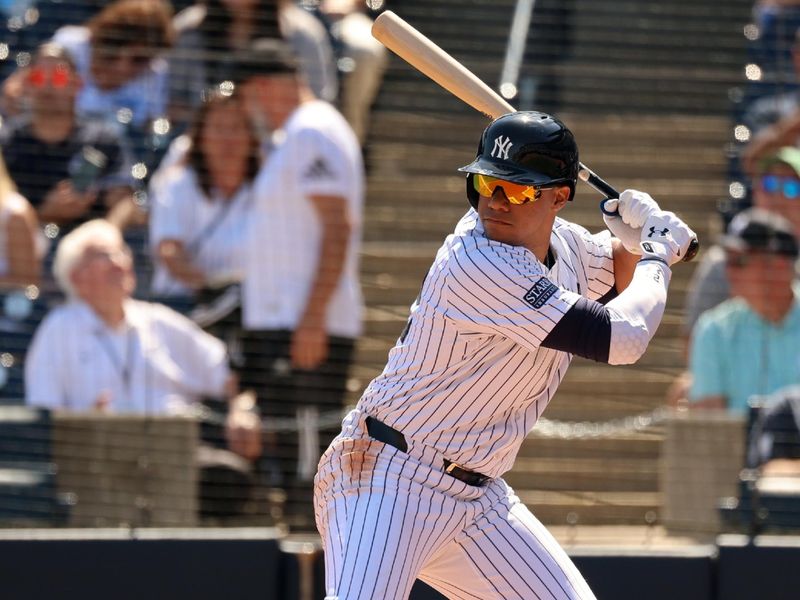 Feb 25, 2024; Tampa, Florida, USA;  New York Yankees left fielder Juan Soto (22) at bat during the first inning against the Toronto Blue Jays at George M. Steinbrenner Field. Mandatory Credit: Kim Klement Neitzel-USA TODAY Sports