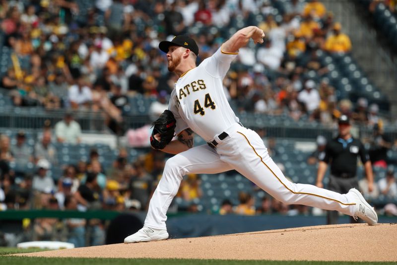 Aug 27, 2023; Pittsburgh, Pennsylvania, USA;  Pittsburgh Pirates starting pitcher Bailey Falter (44) delivers a pitch against the Chicago Cubs during the first inning at PNC Park. Mandatory Credit: Charles LeClaire-USA TODAY Sports