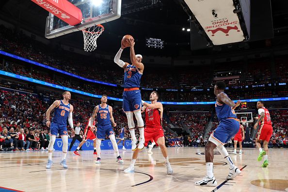 NEW ORLEANS, LA - OCTOBER 28: Josh Hart #3 of the New York Knicks grabs a rebound during the game against the New Orleans Pelicans on October 28, 2023 at the Smoothie King Center in New Orleans, Louisiana. NOTE TO USER: User expressly acknowledges and agrees that, by downloading and or using this Photograph, user is consenting to the terms and conditions of the Getty Images License Agreement. Mandatory Copyright Notice: Copyright 2023 NBAE (Photo by Layne Murdoch Jr./NBAE via Getty Images)