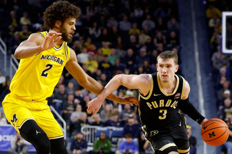 Feb 25, 2024; Ann Arbor, Michigan, USA;  Purdue Boilermakers guard Braden Smith (3) dribbles on Michigan Wolverines forward Tray Jackson (2) in the second half at Crisler Center. Mandatory Credit: Rick Osentoski-USA TODAY Sports