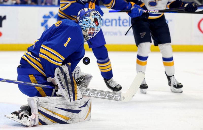 Feb 10, 2024; Buffalo, New York, USA;  Buffalo Sabres goaltender Ukko-Pekka Luukkonen (1) makes a save during the first period against the St. Louis Blues at KeyBank Center. Mandatory Credit: Timothy T. Ludwig-USA TODAY Sports