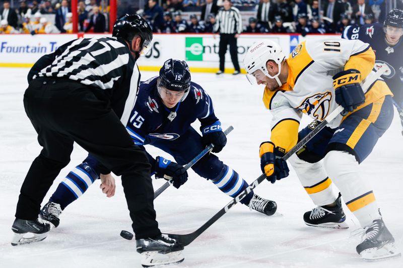 Mar 13, 2024; Winnipeg, Manitoba, CAN; Winnipeg Jets forward Rasmus Kupari (15) faces off against Nashville Predators forward Colton Sissons (10) during the second period at Canada Life Centre. Mandatory Credit: Terrence Lee-USA TODAY Sports