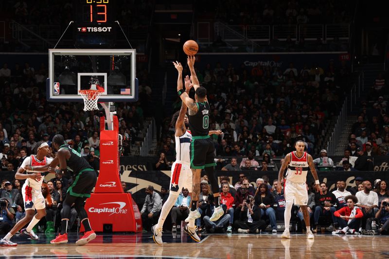 WASHINGTON, DC -? OCTOBER 24: Jayson Tatum #0 of the Boston Celtics shoots a three point basket during the game against the Washington Wizards on October 24, 2024 at Capital One Arena in Washington, DC. NOTE TO USER: User expressly acknowledges and agrees that, by downloading and or using this Photograph, user is consenting to the terms and conditions of the Getty Images License Agreement. Mandatory Copyright Notice: Copyright 2024 NBAE (Photo by Stephen Gosling/NBAE via Getty Images)