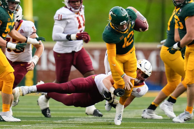 Oct 28, 2023; Waco, Texas, USA;  Baylor Bears quarterback Blake Shapen (12) is tackled by Iowa State Cyclones linebacker Will McLaughlin (23) during the second half at McLane Stadium. Mandatory Credit: Chris Jones-USA TODAY Sports