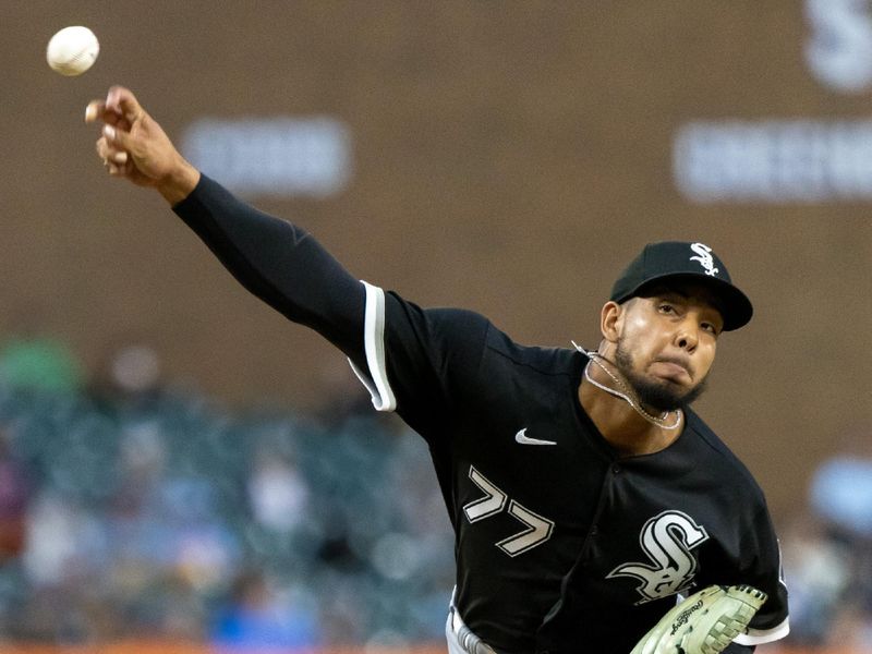 Sep 9, 2023; Detroit, Michigan, USA; Chicago White Sox starting pitcher Luis Patino (77) pitches in the sixth inning against the Detroit Tigers at Comerica Park. Mandatory Credit: David Reginek-USA TODAY Sports