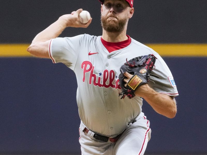 Sep 17, 2024; Milwaukee, Wisconsin, USA;  Philadelphia Phillies pitcher Zack Wheeler (45) throws a pitch during the first inning against the Milwaukee Brewers at American Family Field. Mandatory Credit: Jeff Hanisch-Imagn Images