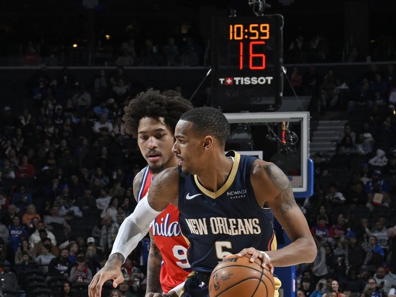 PHILADELPHIA, PA - JANUARY 10: Dejounte Murray #5 of the New Orleans Pelicans dribbles the ball during the game against the Philadelphia 76ers on January 10, 2025 at the Wells Fargo Center in Philadelphia, Pennsylvania NOTE TO USER: User expressly acknowledges and agrees that, by downloading and/or using this Photograph, user is consenting to the terms and conditions of the Getty Images License Agreement. Mandatory Copyright Notice: Copyright 2025 NBAE (Photo by David Dow/NBAE via Getty Images)