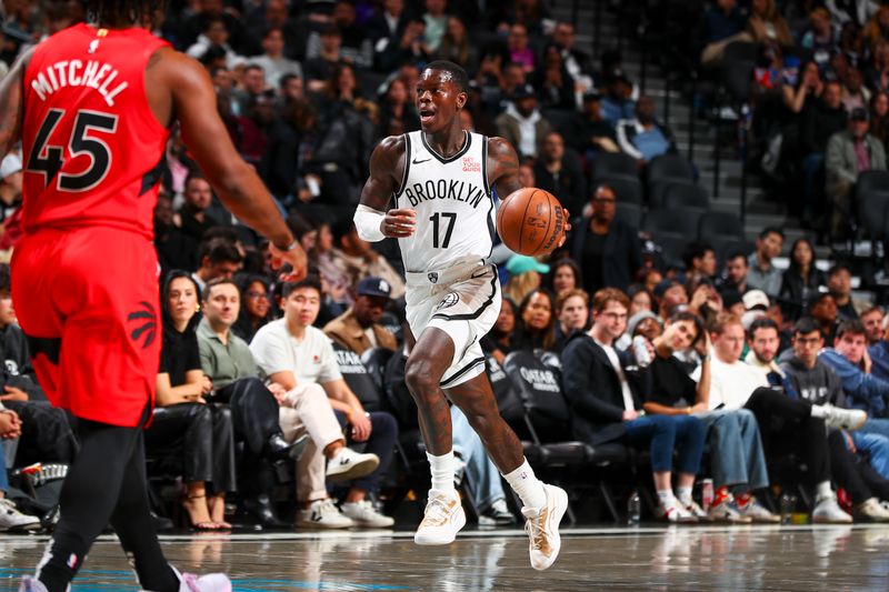 BROOKLYN, NY - OCTOBER 18: Dennis Schroder #17 of the Brooklyn Nets dribbles the ball during the game on October 18, 2024 at Barclays Center in Brooklyn, New York. NOTE TO USER: User expressly acknowledges and agrees that, by downloading and or using this Photograph, user is consenting to the terms and conditions of the Getty Images License Agreement. Mandatory Copyright Notice: Copyright 2024 NBAE (Photo by David L. Nemec/NBAE via Getty Images)