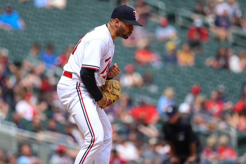 May 24, 2023; Minneapolis, Minnesota, USA; Minnesota Twins relief pitcher Jovani Moran (71) celebrates a strikeout during the seventh inning against the San Francisco Giants at Target Field. Mandatory Credit: Matt Krohn-USA TODAY Sports