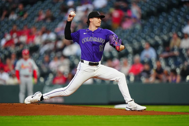 Sep 24, 2024; Denver, Colorado, USA; Colorado Rockies starting pitcher Ryan Feltner (18) pitches in the first inning against the St. Louis Cardinals at Coors Field. Mandatory Credit: Ron Chenoy-Imagn Images