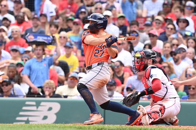 Aug 11, 2024; Boston, Massachusetts, USA; Houston Astros designated hitter Jose Altuve (27) hits a single against the Boston Red Sox during the third inning at Fenway Park. Mandatory Credit: Eric Canha-USA TODAY Sports