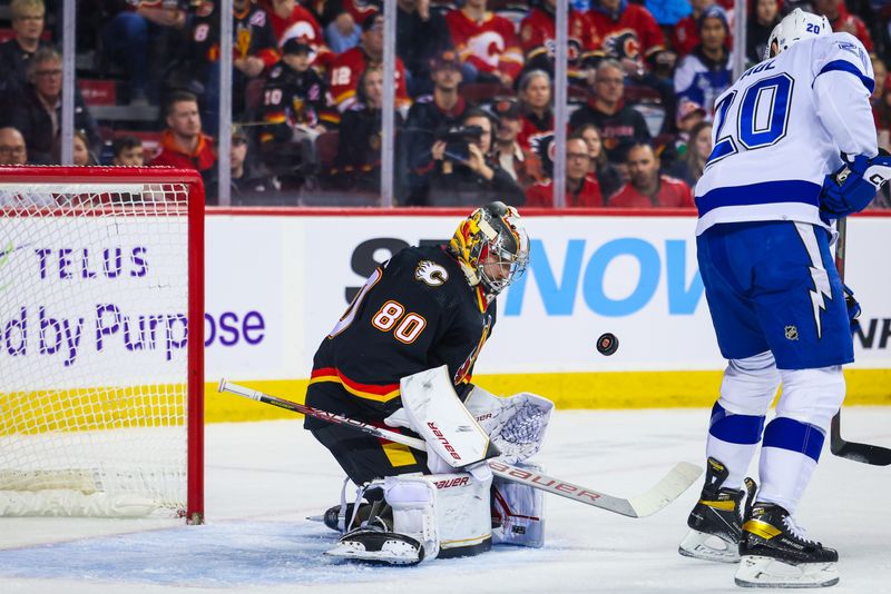 Jan 21, 2023; Calgary, Alberta, CAN; Calgary Flames goaltender Dan Vladar (80) makes a save against the Tampa Bay Lightning during the first period at Scotiabank Saddledome. Mandatory Credit: Sergei Belski-USA TODAY Sports