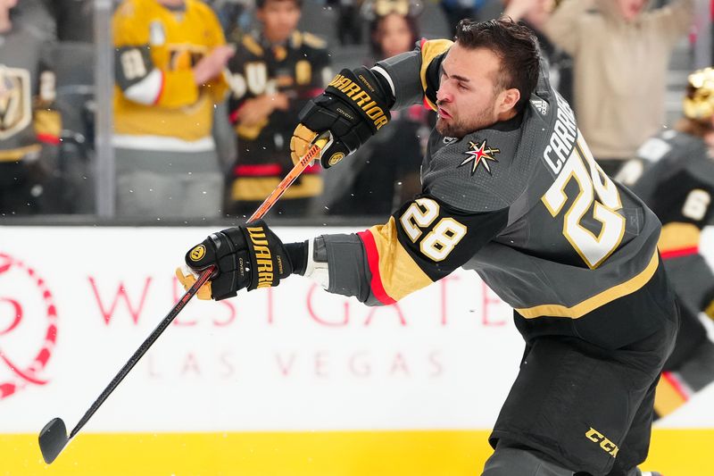 Dec 10, 2023; Las Vegas, Nevada, USA; Vegas Golden Knights left wing William Carrier (28) warms up before the start of a game against the San Jose Sharks at T-Mobile Arena. Mandatory Credit: Stephen R. Sylvanie-USA TODAY Sports