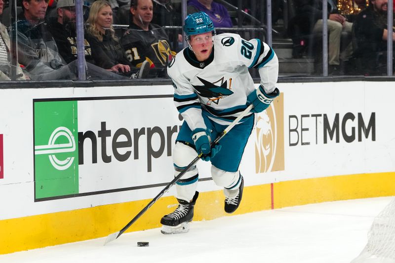 Dec 10, 2023; Las Vegas, Nevada, USA; San Jose Sharks left wing Fabian Zetterlund (20) skates against the Vegas Golden Knights during the first period at T-Mobile Arena. Mandatory Credit: Stephen R. Sylvanie-USA TODAY Sports