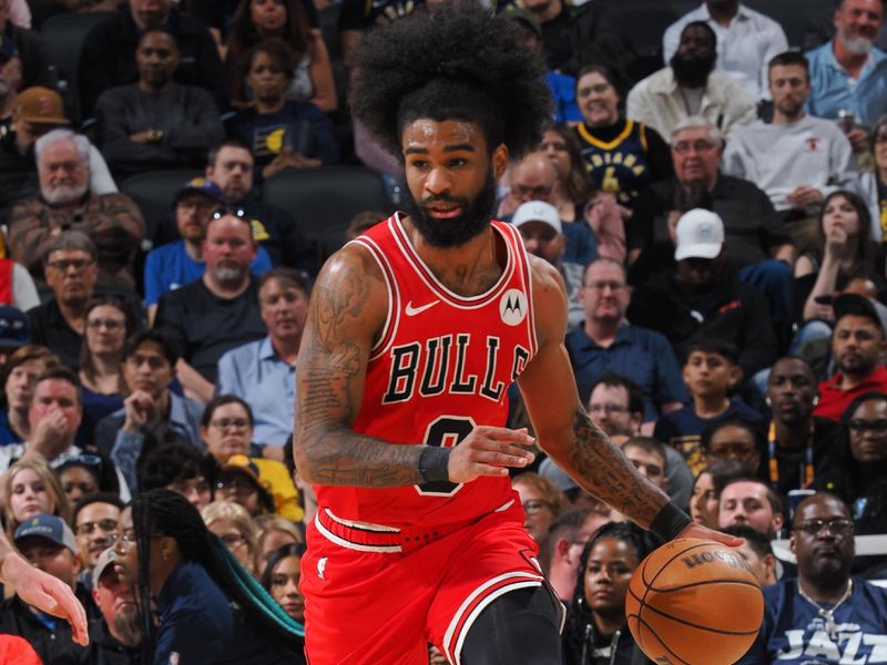 INDIANAPOLIS, IN - MARCH 13:  Coby White #0 of the Chicago Bulls handles the ball during the game  on March 13, 2024 at Gainbridge Fieldhouse in Indianapolis, Indiana. NOTE TO USER: User expressly acknowledges and agrees that, by downloading and or using this Photograph, user is consenting to the terms and conditions of the Getty Images License Agreement. Mandatory Copyright Notice: Copyright 2024 NBAE (Photo by Ron Hoskins/NBAE via Getty Images)