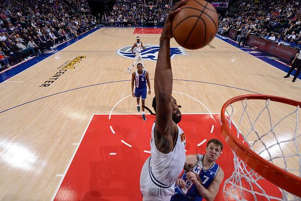 SACRAMENTO, CA - DECEMBER 2: DeAndre Jordan #6 of the Denver Nuggets dunks the ball during the game against the Sacramento Kings on December 2, 2023 at Golden 1 Center in Sacramento, California. NOTE TO USER: User expressly acknowledges and agrees that, by downloading and or using this Photograph, user is consenting to the terms and conditions of the Getty Images License Agreement. Mandatory Copyright Notice: Copyright 2023 NBAE (Photo by Rocky Widner/NBAE via Getty Images)