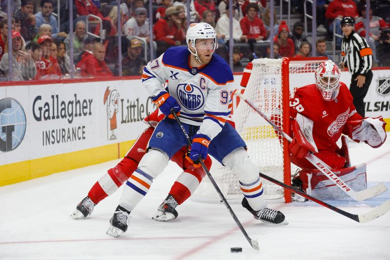 Oct 27, 2024; Detroit, Michigan, USA; Edmonton Oilers center Connor McDavid (97) handles the puck during the third period of the game against the Detroit Red Wings at Little Caesars Arena. Mandatory Credit: Brian Bradshaw Sevald-Imagn Images