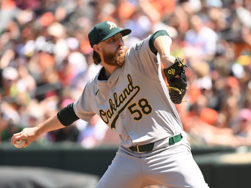 Apr 28, 2024; Baltimore, Maryland, USA;  Oakland Athletics starting pitcher Paul Blackburn (58) delivers a pitch during the first inning against the Baltimore Orioles at Oriole Park at Camden Yards. Mandatory Credit: James A. Pittman-USA TODAY Sports