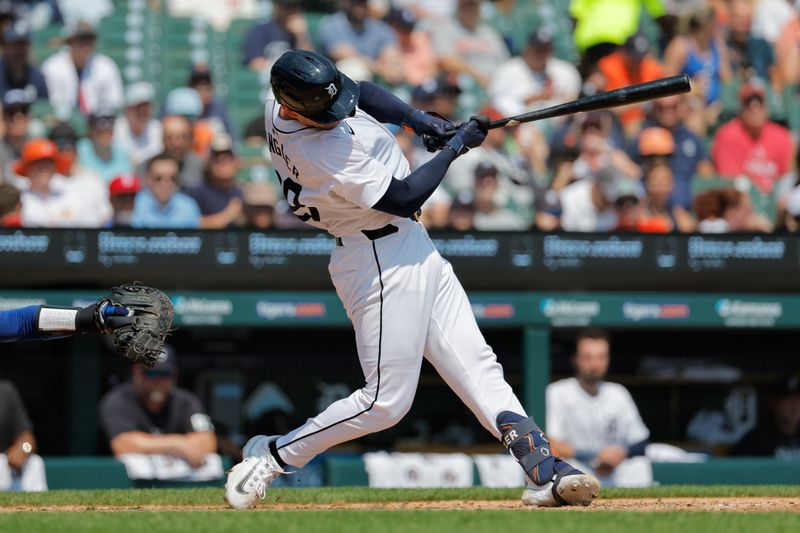 Aug 4, 2024; Detroit, Michigan, USA;  Detroit Tigers catcher Dillon Dingler (38) hits a single in the fourth inning against the Kansas City Royals at Comerica Park. Mandatory Credit: Rick Osentoski-USA TODAY Sports