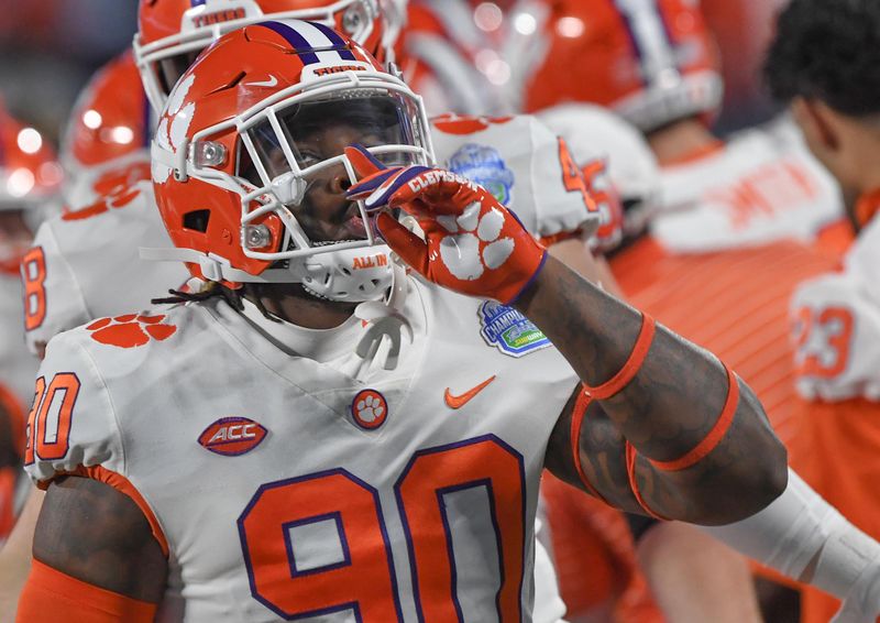 Dec 3, 2022; Charlotte, NC, USA; Clemson Tigers defensive end defensive end Jabriel Robinson (90) warms up before the ACC Championship game against the North Carolina Tar Heels at Bank of America Stadium. Mandatory Credit: Ken Ruinard-USA TODAY NETWORK