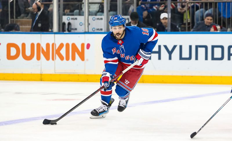 Mar 22, 2025; New York, New York, USA; New York Rangers center Vincent Trocheck (16) looks to pass against the Vancouver Canucks during the third period at Madison Square Garden. Mandatory Credit: Danny Wild-Imagn Images