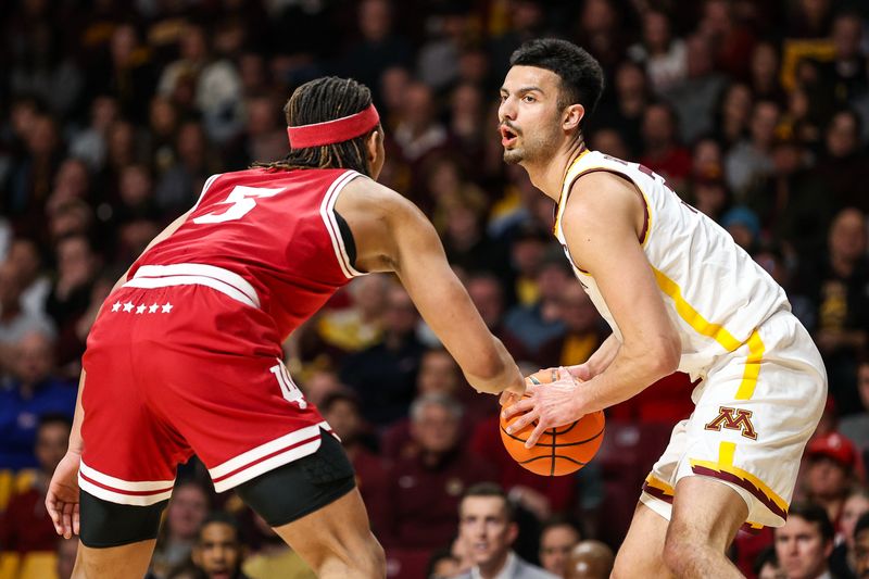 Mar 6, 2024; Minneapolis, Minnesota, USA; Minnesota Golden Gophers forward Dawson Garcia (3) looks to shoot as Indiana Hoosiers forward Malik Reneau (5) defends during the first half at Williams Arena. Mandatory Credit: Matt Krohn-USA TODAY Sports