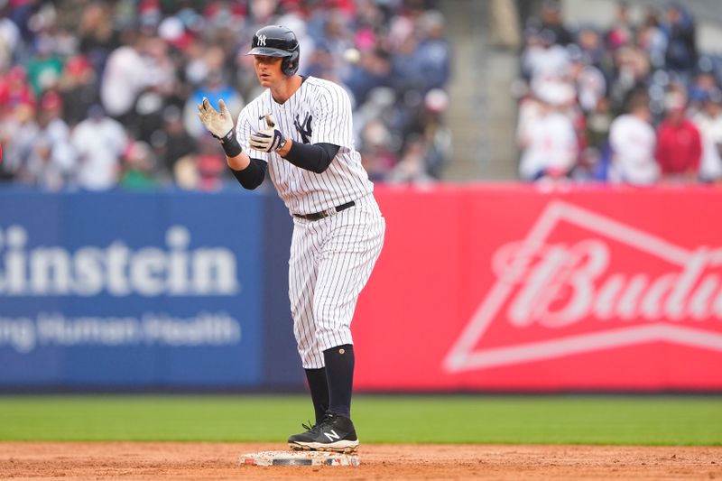 Apr 5, 2023; Bronx, New York, USA; New York Yankees second baseman DJ LeMahieu (26) reacts to hitting a double against the Philadelphia Phillies during the sixth inning at Yankee Stadium. Mandatory Credit: Gregory Fisher-USA TODAY Sports