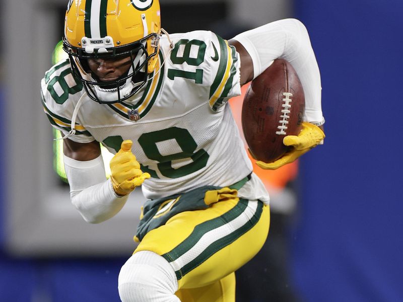 Green Bay Packers wide receiver Malik Heath (18). warms up before playing against the New York Giants in an NFL football game, Monday, Dec. 11, 2023, in East Rutherford, N.J. (AP Photo/Adam Hunger)