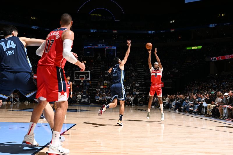 MEMPHIS, TN - NOVEMBER 8: Bilal Coulibaly #0 of the Washington Wizards shoots a three point basket during the game against the Memphis Grizzlies on November 8, 2024 at FedExForum in Memphis, Tennessee. NOTE TO USER: User expressly acknowledges and agrees that, by downloading and or using this photograph, User is consenting to the terms and conditions of the Getty Images License Agreement. Mandatory Copyright Notice: Copyright 2024 NBAE (Photo by Grant Burke/NBAE via Getty Images)