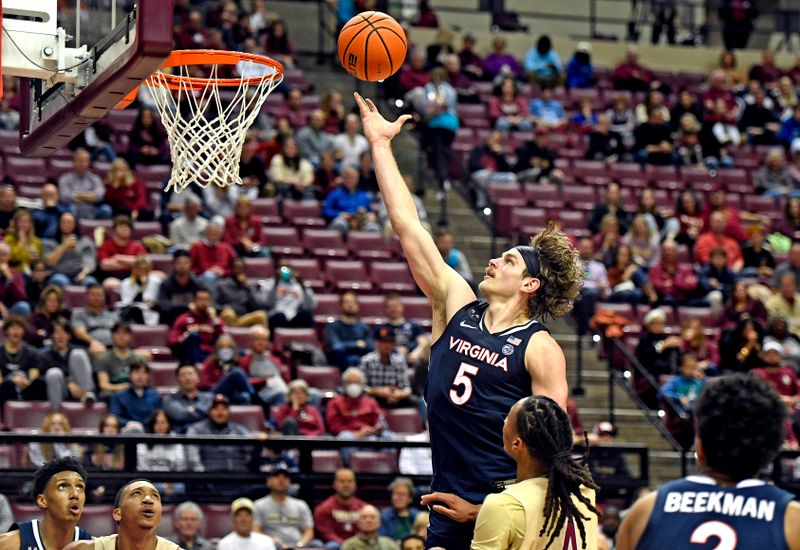 Jan 14, 2023; Tallahassee, Florida, USA; Virginia Cavaliers forward Ben Vander Plas (5) makes a shot during the second half against the Florida State Seminoles at Donald L. Tucker Center. Mandatory Credit: Melina Myers-USA TODAY Sports