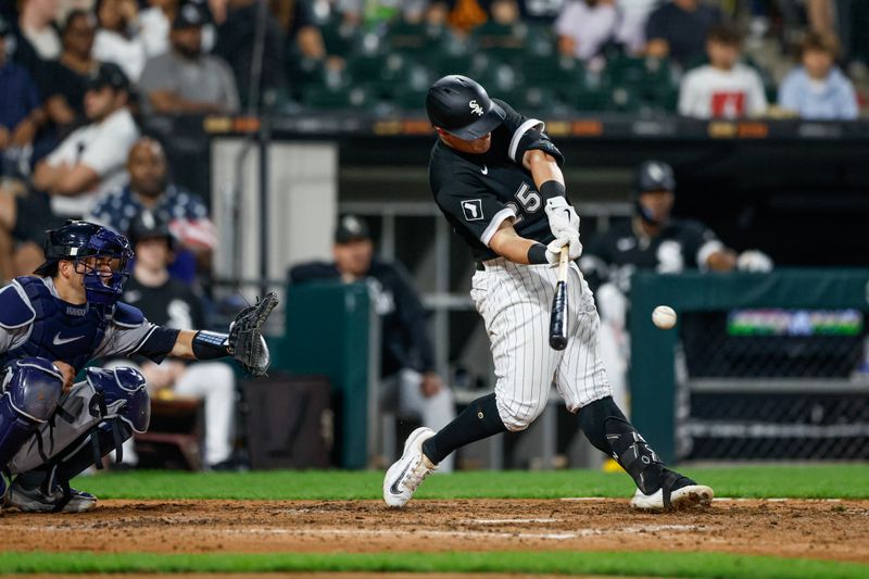 Aug 9, 2023; Chicago, Illinois, USA; Chicago White Sox first baseman Andrew Vaughn (25) singles against the New York Yankees during the eight inning at Guaranteed Rate Field. Mandatory Credit: Kamil Krzaczynski-USA TODAY Sports