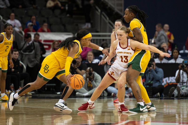 Mar 9, 2024; Kansas City, MO, USA; Baylor Lady Bears forward Dre'Una Edwards (44) sets a screen on Iowa State Cyclones guard Hannah Belanger (13) for teammate guard Sarah Andrews (24) during the second half at T-Mobile Center. Mandatory Credit: Amy Kontras-USA TODAY Sports