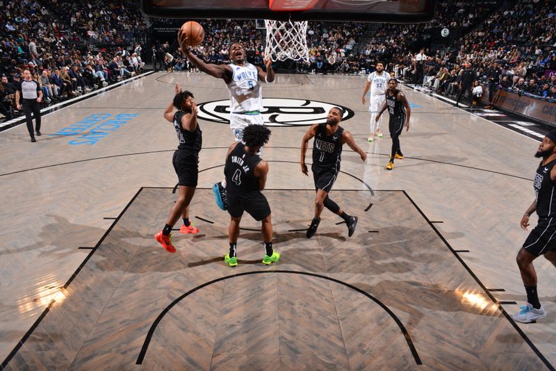 BROOKLYN, NY - JANUARY 25: Anthony Edwards #5 of the Minnesota Timberwolves drives to the basket during the game against the Brooklyn Nets on January 25, 2024 at Barclays Center in Brooklyn, New York. NOTE TO USER: User expressly acknowledges and agrees that, by downloading and or using this Photograph, user is consenting to the terms and conditions of the Getty Images License Agreement. Mandatory Copyright Notice: Copyright 2024 NBAE (Photo by Jesse D. Garrabrant/NBAE via Getty Images)