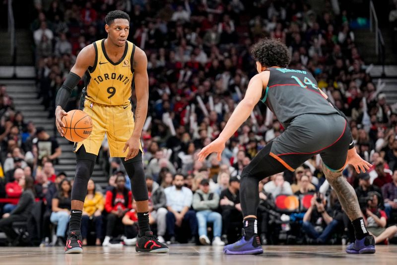 TORONTO, ON - APRIL 7: RJ Barrett #9 of the Toronto Raptors dribbles against the Washington Wizards during the second half of their basketball game at the Scotiabank Arena on April 7, 2024 in Toronto, Ontario, Canada. NOTE TO USER: User expressly acknowledges and agrees that, by downloading and/or using this Photograph, user is consenting to the terms and conditions of the Getty Images License Agreement. (Photo by Mark Blinch/Getty Images)