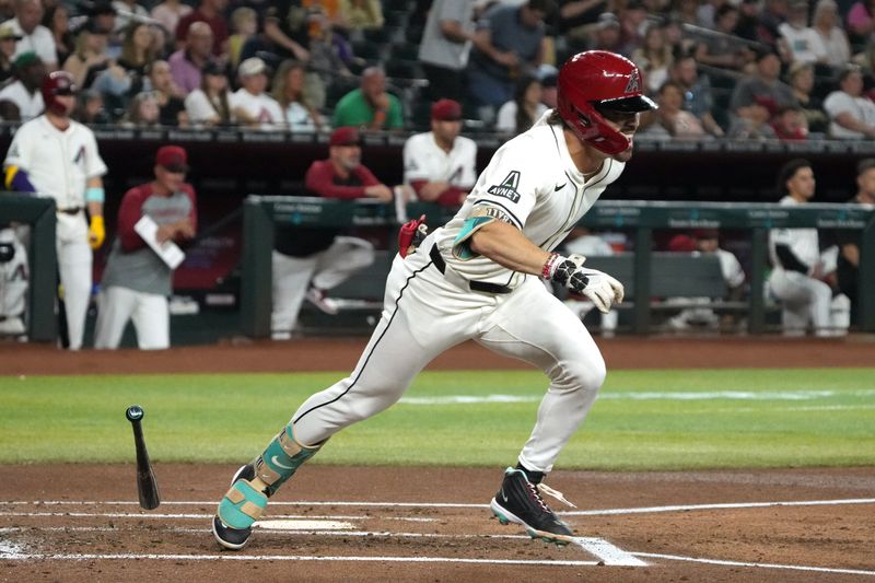 Jul 8, 2024; Phoenix, Arizona, USA; Arizona Diamondbacks outfielder Corbin Carroll (7) hits against the Atlanta Braves in the first inning at Chase Field. Mandatory Credit: Rick Scuteri-USA TODAY Sports