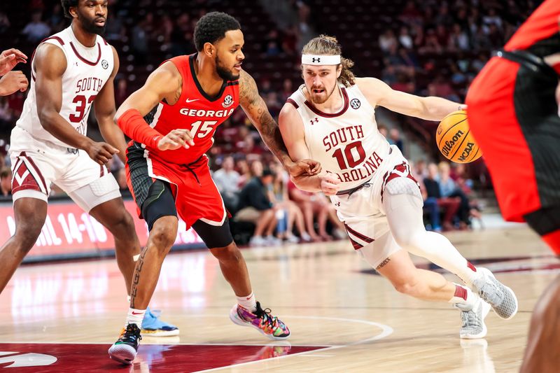 Mar 4, 2023; Columbia, South Carolina, USA; South Carolina Gamecocks forward Hayden Brown (10) drives around Georgia Bulldogs forward Jailyn Ingram (15) in the first half at Colonial Life Arena. Mandatory Credit: Jeff Blake-USA TODAY Sports