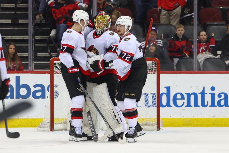 Mar 23, 2024; Newark, New Jersey, USA; The Ottawa Senators celebrate their win over the New Jersey Devils at Prudential Center. Mandatory Credit: Ed Mulholland-USA TODAY Sports