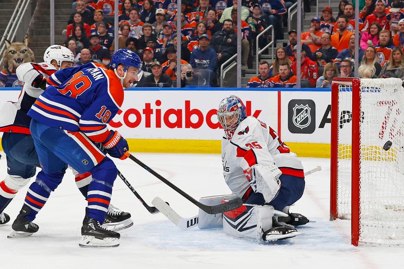 Mar 13, 2024; Edmonton, Alberta, CAN; Edmonton Oilers forward Zach Hyman (18) deflects a shot wide of Washington Capitals goaltender Darcy Kuemper (35) during the first period at Rogers Place. Mandatory Credit: Perry Nelson-USA TODAY Sports