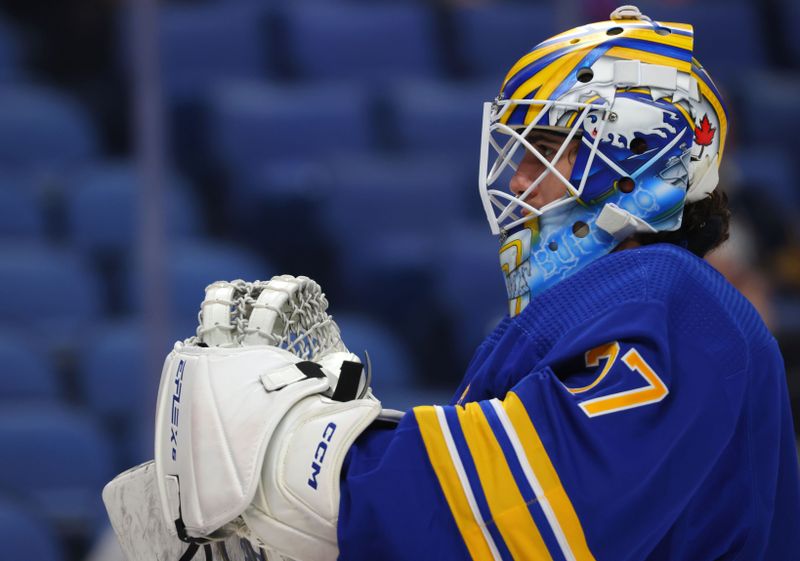 Oct 19, 2023; Buffalo, New York, USA;  Buffalo Sabres goaltender Devon Levi (27) before a game against the Calgary Flames at KeyBank Center. Mandatory Credit: Timothy T. Ludwig-USA TODAY Sports