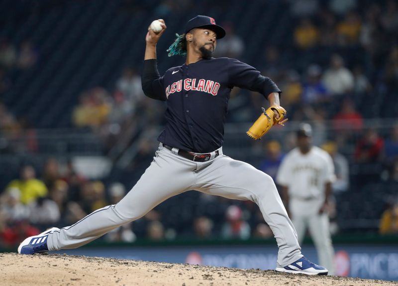 Jul 17, 2023; Pittsburgh, Pennsylvania, USA;  Cleveland Guardians relief pitcher Emmanuel Clase (48) pitches against the Pittsburgh Pirates during the ninth inning at PNC Park.  The Guardians shutout the Pirates 11-0. Mandatory Credit: Charles LeClaire-USA TODAY Sports